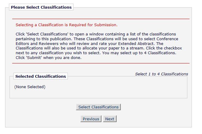 g. On the Select Classifications tab, click Select Classifications and select which topic areas in road safety your Extended Abstract could be classified under.