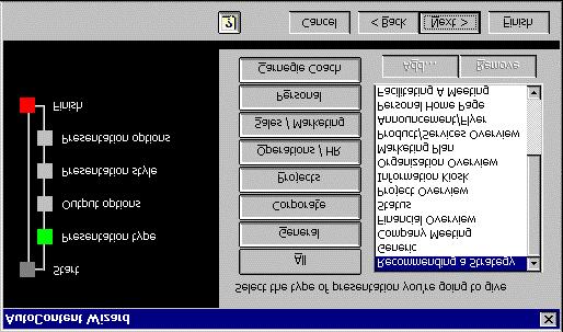 Introduction to PowerPoint 97 Getting Started 3. Click. The next window of the AutoContent Wizard dialog box is displayed.