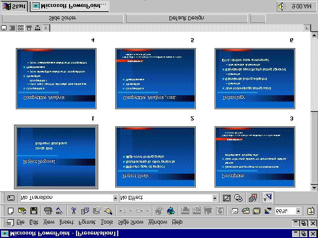 Getting Started Introduction to PowerPoint 97 4. Click the Slide Sorter View button. You can view the slides of the presentation on-screen in miniature.