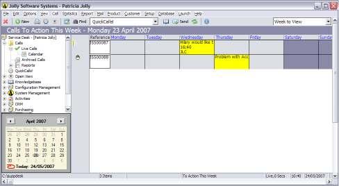 Calendar View Any activities that are due for calls are shown against the specified action date. Current ones have a white background while those that are late are yellow.