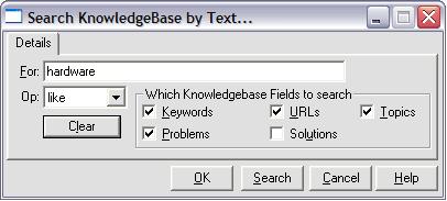 Search KnowledgeBase Search KnowledgeBase dialogue Here you can tick the indicated boxes that are associated with the fields that you wish to search.