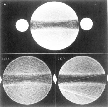 (a) (b) Figure 6: (a) Reconstructions from a x-ray phantom with 15-cm-diameter water and two 4-cm Teflon rods.