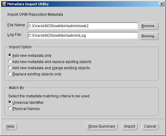 Warehouse Builder Metadata Import: When you import a Warehouse Builder project or specific objects into your repository using the Metadata Import Utility, Warehouse Builder records details of the