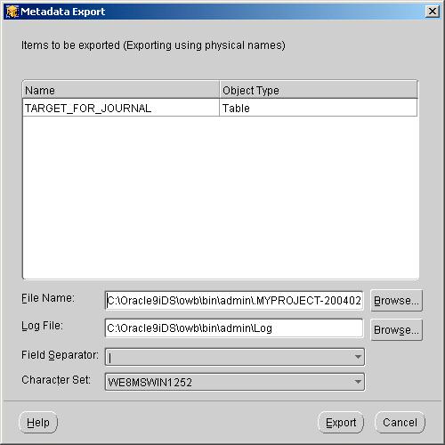 Figure 10 1 Log File Location in the Metadata Import Utility Dialog Warehouse Builder Metadata Export: When you export a Warehouse Builder project or specific objects using the Metadata Export