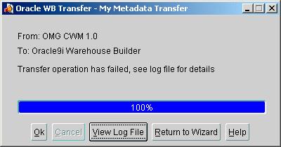 Metadata Import or Export Using the Transfer Wizard: If you are importing or exporting design metadata using the Warehouse Builder Transfer Wizard, then you can view the log file after the import is