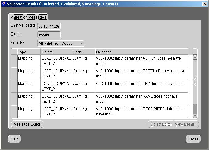 Figure 10 6 Validation Error Messages This window is similar to the Validation Results window displayed from the console. You can save the message to your local system by clicking Message Editor.