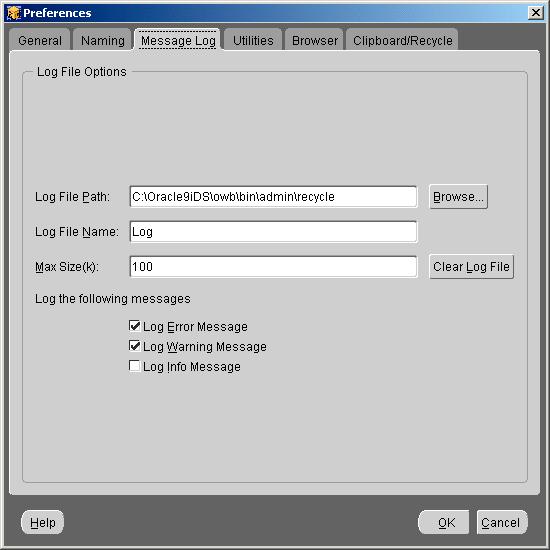 Figure 10 8 Setting Error Log Preferences You can view this log of deployment and error messages from the Warehouse Builder console by selecting View then Messages Log.
