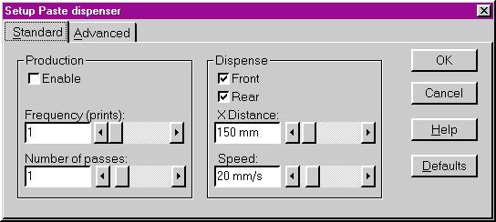 3 APPLICATIONS OVERVIEW Enable Paste Dispensing (Standard Tab) Enable Paste Dispensing (Standard Tab) Procedure To enable paste dispensing during production, use Setup Paste dispenser Standard tab as