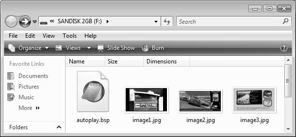 12 9 Copy the three sample JPG images from the Sample Playlist Files folder to the root directory of the SD card, as shown in Example 3: EXAMPLE 3: Root of SD card with playlist and 3 JPG images 10