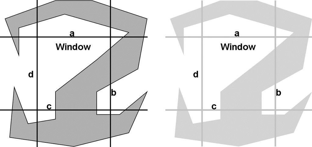 Page 5 of 10 Problem # 5: Polygon Clipping ( 8 points) Show the polygon contour(s) including the spurious double segments on the Window frame that will be output from the Sutherland-Hodgman polygon