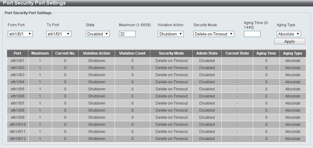 Figure 4.166 Security > Port Security > Port Security Port Settings From Port / To Port: Select the range of ports to be configured.