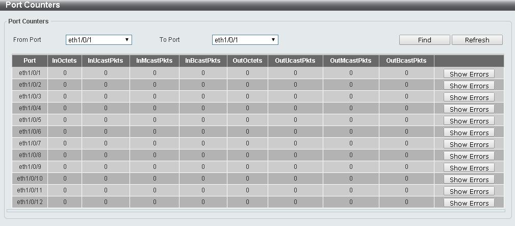 196 Monitoring > Statistics > Port Counters From Port / To Port: Select the range of ports to be viewed. Click the Find button to locate a specific entry based on the information entered.