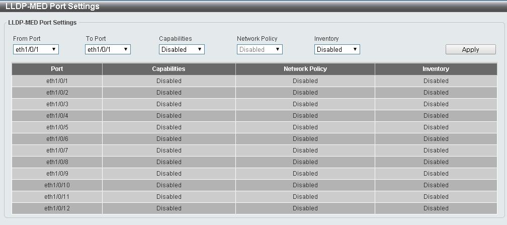 Figure 4.108 L2 Features > LLDP > LLDP-MED Port Settings From Port/To Port: Select the range of ports to be configured.