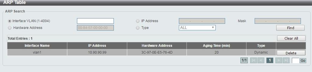Figure 4.115 L3 Features > ARP > ARP Table Interface VLAN (1-4094): Select and enter the interface s VLAN ID. IP address: Select and enter the IP address to be displayed.