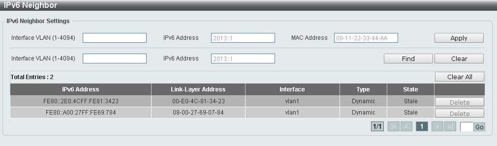 Figure 4.124 L3 Features > IPv6 Neighbor Interface VLAN (1-4094): Enter the VLAN ID of the IPv6 neighbor. IPv6 Address: Specifies the neighbor IPv6 address.