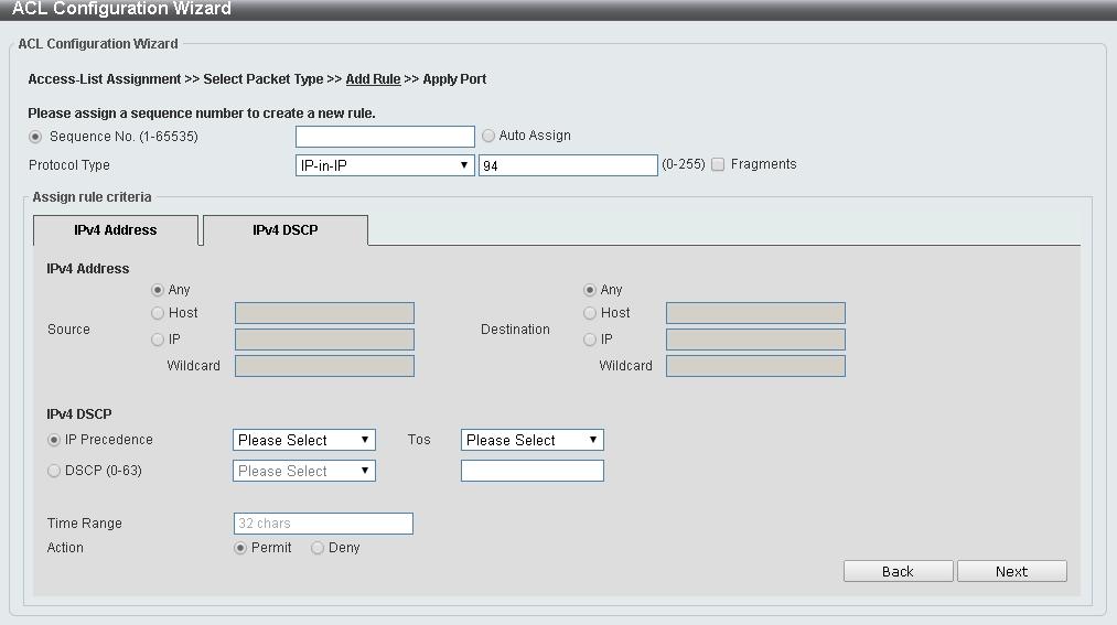 Figure 4.148 ACL > ACL Configuration Wizard Create IPv4 ACL-VRRP Fragments: Select the Fragments option to include packet fragment filtering. Source: Select the source information.