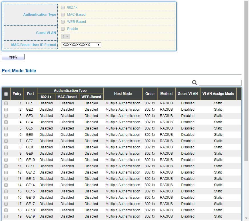 IV-10-3 IV-10-3-1 Authentication Manager Property This page allows user to edit authentication global settings and some port mods configurations.