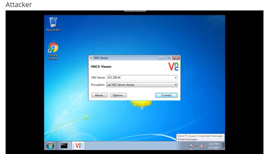 4) Click the VNC viewer button on the taskbar of the Windows 7 host that opens soon after and enter 10.1.200.