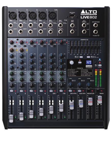 CATALOGUE 2018 LIVE802 PROFESSIONAL 8-CHANNEL/2-BUS MIXER 5 XLR inputs with DNA microphone preamps Dynamic compression (Channels 1-2) 3-band EQ plus 2 aux sends per channel 60mm faders with mute