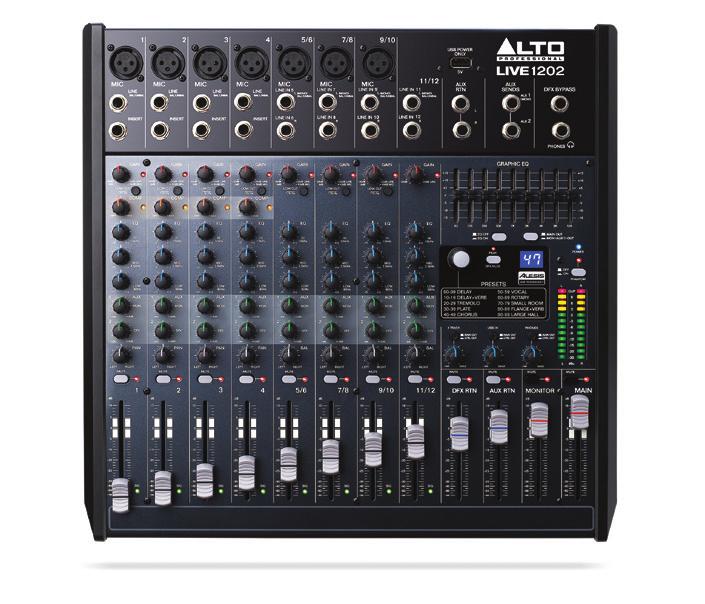 independent level control USB jack to power lamps or charge mobile devices LIVE1202 PROFESSIONAL 12-CHANNEL/2-BUS MIXER 7 XLR inputs with high- DNA mic preamps Dynamic compression (Channels 1-4)