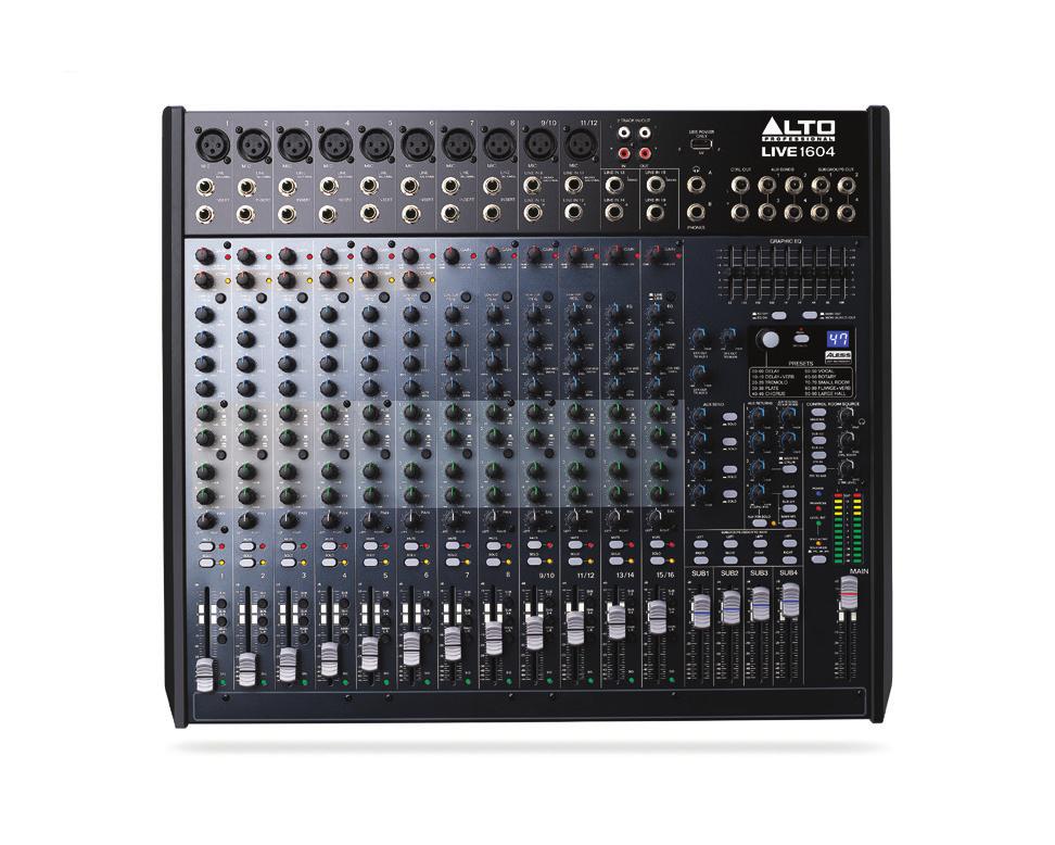 9-band graphic EQ for main or monitor outputs Headphone out with independent level control USB jack to power lamps or charge mobile devices LIVE1604 PROFESSIONAL 16-CHANNEL/4-BUS MIXER 10 XLR inputs