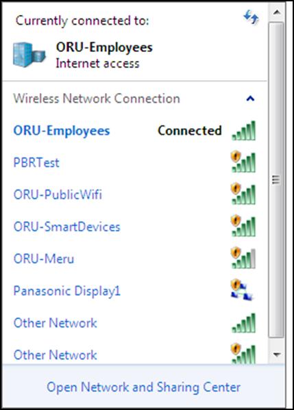 Page 2 of 13 Drop Arrow Figure 2 Here you can see the system has connected to the ORU- Employee network. If your device is connected to the appropriate network the device is properly configured.