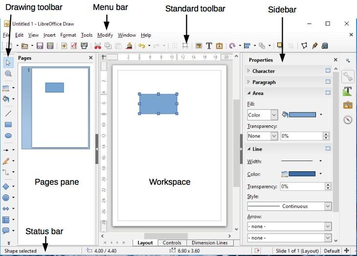 Figure 1: LibreOffice Draw workspace Properties Opens sub-sections for object properties that you can change to suit your requirements.