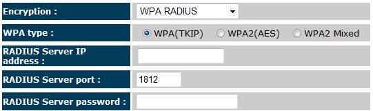 73 WPA RADIUS Encryption: WPA RADIUS Encryption WPA type: RADIUS Server IP address: RADIUS Server Port: RADIUS Server password: Select the WPA encryption you would like.