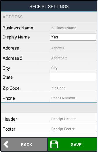 c. Header Will print at the top of a receipt. d. Footer Will print at the bottom of a receipt. e. Selecting Save will save all values entered. 7.