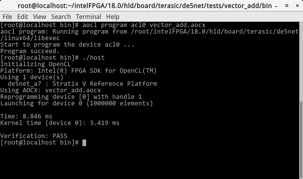 Test vector_add project Firstly, in the terminal, type "cd /root/intelfpga/18.