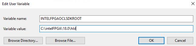 Figure 2-3 Edit INTELFPGAOCLSDKROOT Environment Variable Figure 2-4 Setup AOCL_BOARD_PACKAGE_ROOT Environment Variable Here are the procedures to add "%AOCL_BOARD_PACKAGE_ROOT%\windows64\bin" into