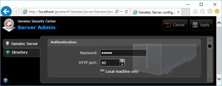 3.9 Restrict Server Admin access to local connection only (Advanced Level) You can configure the Server Admin so that only a local user of the Genetec Server machine can access it.