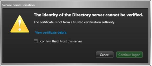 Certificate information in the Server Admin If users do not use a trusted certificate, they might encounter the following dialog box which forces them to make a