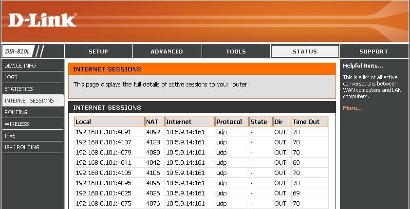 Internet Sessions The Internet Sessions page displays full details of active Internet sessions through your router.