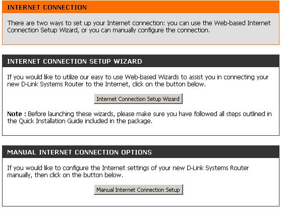 If you did not initially choose to install your router with the Quick Setup Wizard, you can click on Internet Connection Setup Wizard from the Setup > Internet screen.