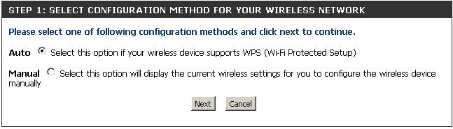 Select Auto to add a wireless client using WPS (Wi-Fi Protected Setup) and then click Next. Skip to the next page.