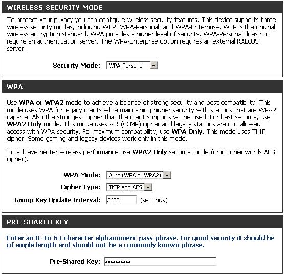 Section 4 - Security WPA/WPA2-Personal (PSK) It is recommended to enable wireless security on your wireless router before your wireless network adapters.