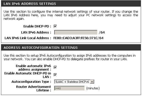 Enable DHCP-PD: LAN IPv6 Address: Check this box to enable DHCP prefix delegation. Enter the LAN (local) IPv6 address for the router.