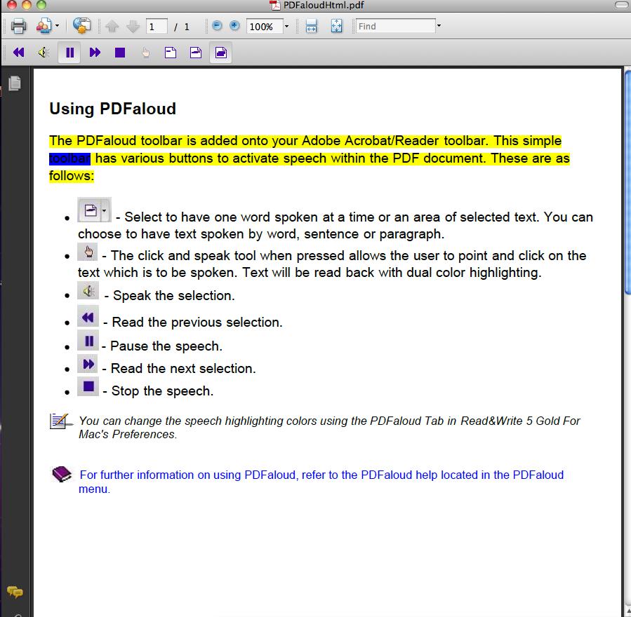 4 3) Now highlight the text you want read back to you and then press the Play button. TextHELP will read out the highlighted text. Reading from a PDF 1) Click on the PDFAloud button on the toolbar.