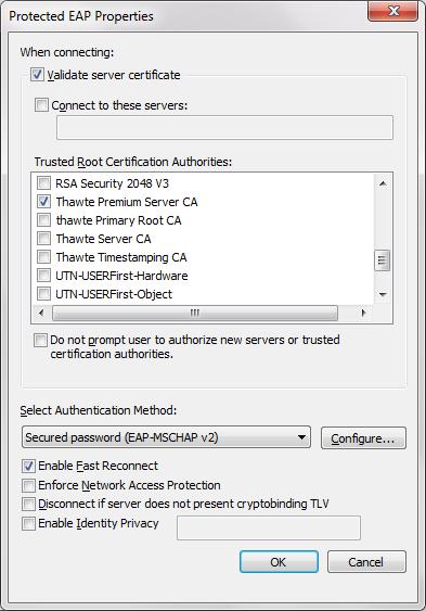 Certificate Authorities list and tick the Thawte Premium Server CA checkbox, select Secure password (EAPMSCHAPv2) from the Select
