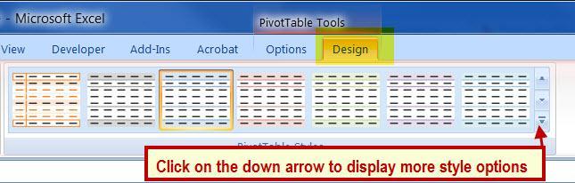 Apply a Table Style Easily apply a table style that will give your pivottable a professional look and be much easier to view. 1. Make sure that the active cell is in the pivottable. 2.