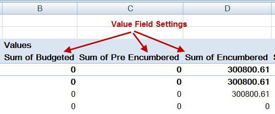 Change Row & Values Field Labels & Names These fields are easily customized so that the label title makes sense with the data. To change a Row or Values label: 1. Double click the field, i.e. Row Labels as shown in the figure above.
