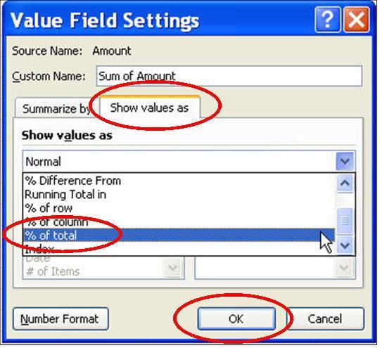 From the shortcut menu, point to Summarize Data by. 3. From the Submenu, Select the More Options. 4. The Value Field Settings dialog box appears. See figure below. 5.