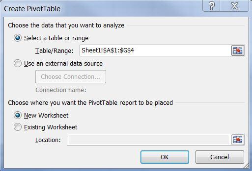 4. The Select a table or range field is already selected for you, however, if Excel is not reflecting the spreadsheet data range needed, correct it. 5.