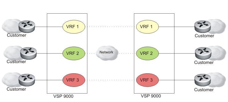 VRF Lite fundamentals Figure 13: Multiple virtual routers in one system One Virtual Services Platform 9000 can support many virtual routers. Each virtual router instance is called a VRF instance.