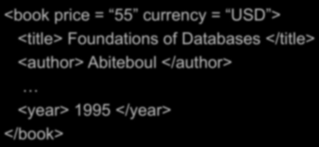 More XML: Attributes <book price = 55 currency = USD > <title> Foundations of