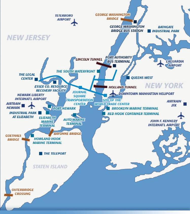 Kennedy, LaGuardia, Newark Liberty, Stewart, Teterboro Marine Terminals Port Newark, Port Elizabeth, Howland Hook, Brooklyn, Red Hook,
