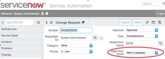 ServiceNow Synchronization of the change request status at every step of the work order process: ticket received in