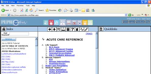 The Acute Care Hotlink (Critical Care Reference) icon provides links to immediate lifesaving protocols: BLS, ACLS, ATLS, PALS, RSI, procedures, algorithms, quick drugs and drips, etc.