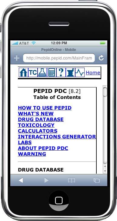 The Table of Contents (TOC) icon allows you to see all that is offered on your PEPID Portable Drug Companion.